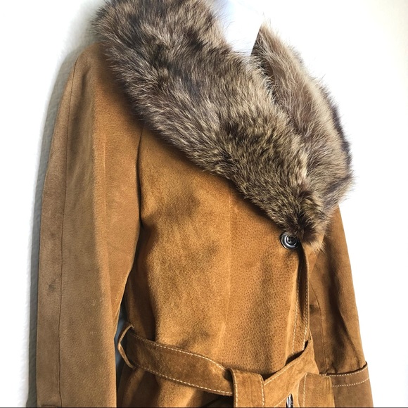 SOLD Vintage Caramel Suede & Fur Belted Coat Jacket 70s Size 40 - Picture 4 of 13